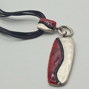 Chicos Red and Silver Pendant Necklace Spiral Pattern